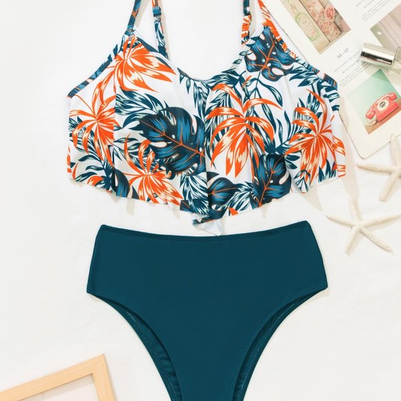 New Tropical Hanky Hem High Waisted Bikini Swimsuit Green - Picture 4 of 8